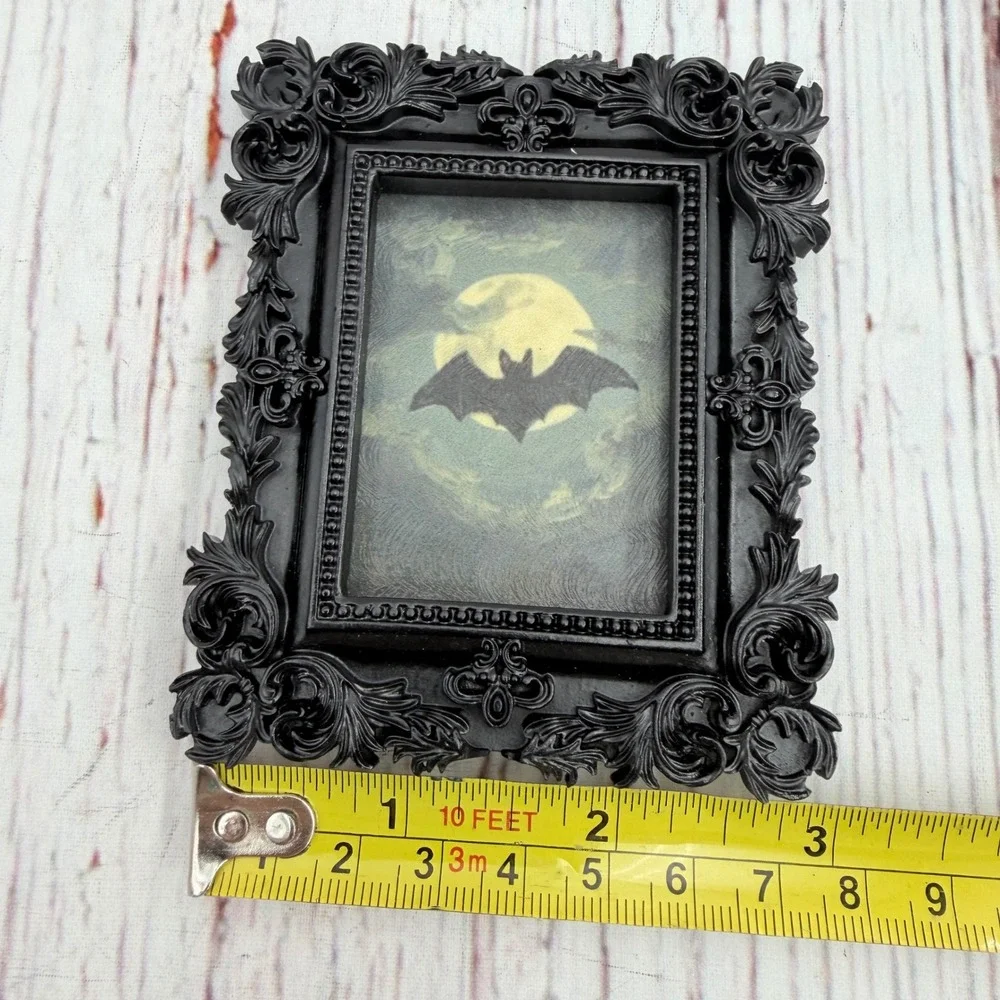 Gothic Bat Art Print Decoupaged Ornate Black Resin Frame Miniature Spooky Decor